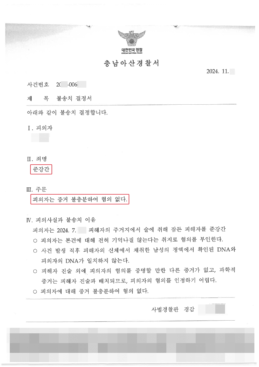 무혐의(불송치) | 지인의 여자친구를 준강간했다는 혐의로 억울하게 고소당한 의뢰인 불송치결정 사례