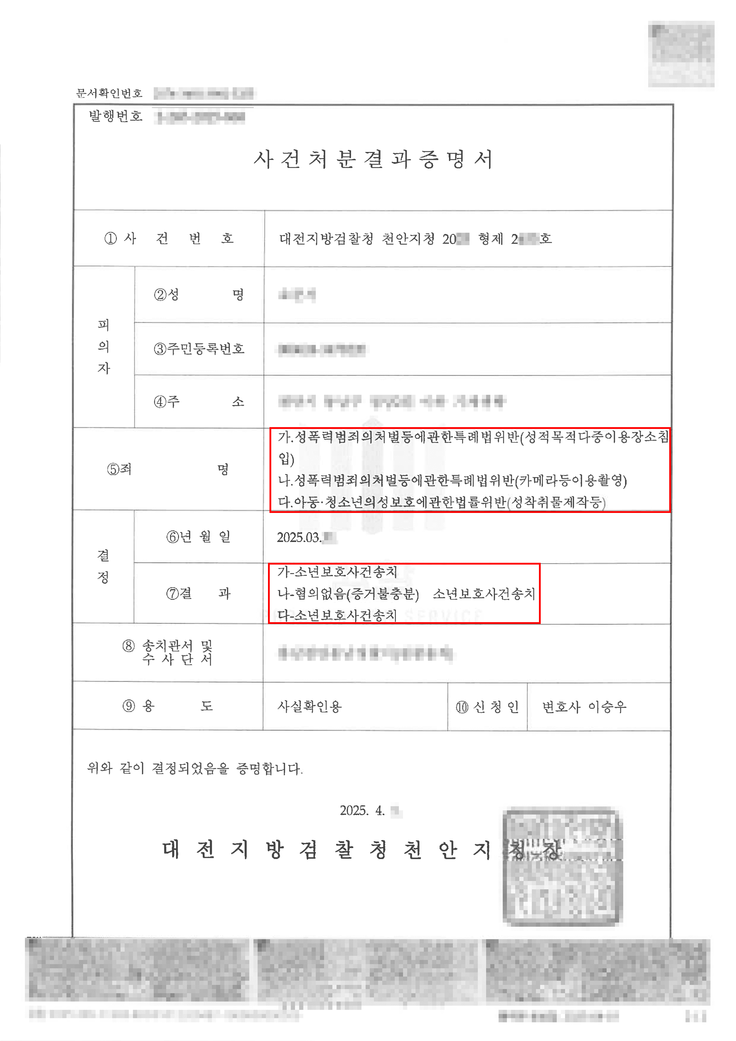 일부 무혐의, 일부 소년부송치 | 성적목적다중이용장소침입 및 카촬 혐의로 법승을 방문한 미성년 의뢰인