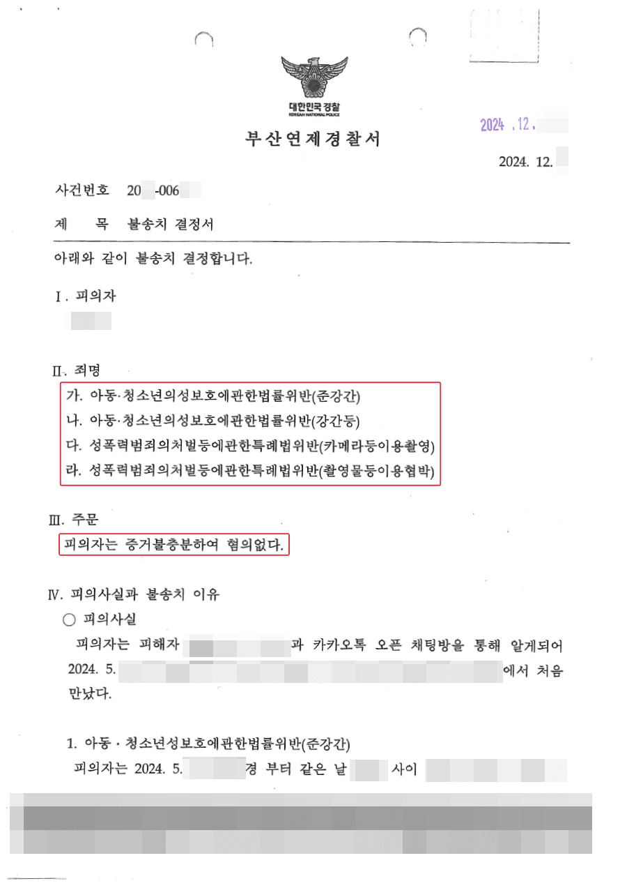 불송치ㅣ오픈채팅방에서 대화를 통해 만난 상대가 성인인 줄 알고 관계를 하였으나, 알고보니 미성년자로 아청법위반 혐의를 받은 의뢰인 사례