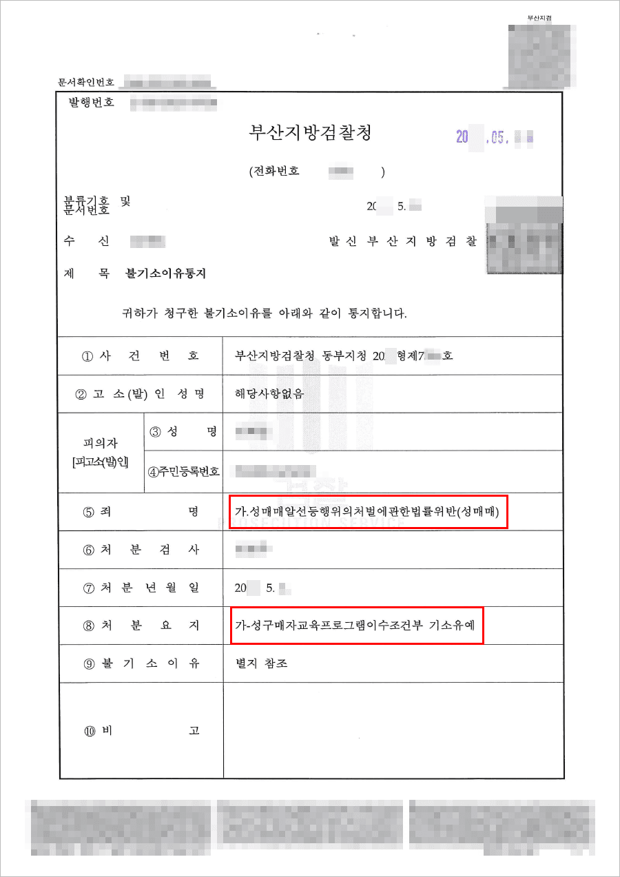 교육이수조건부 기소유예 | 성매매처벌법 위반(성매매) - 부산지방검찰청 동부지청 20**형제7***