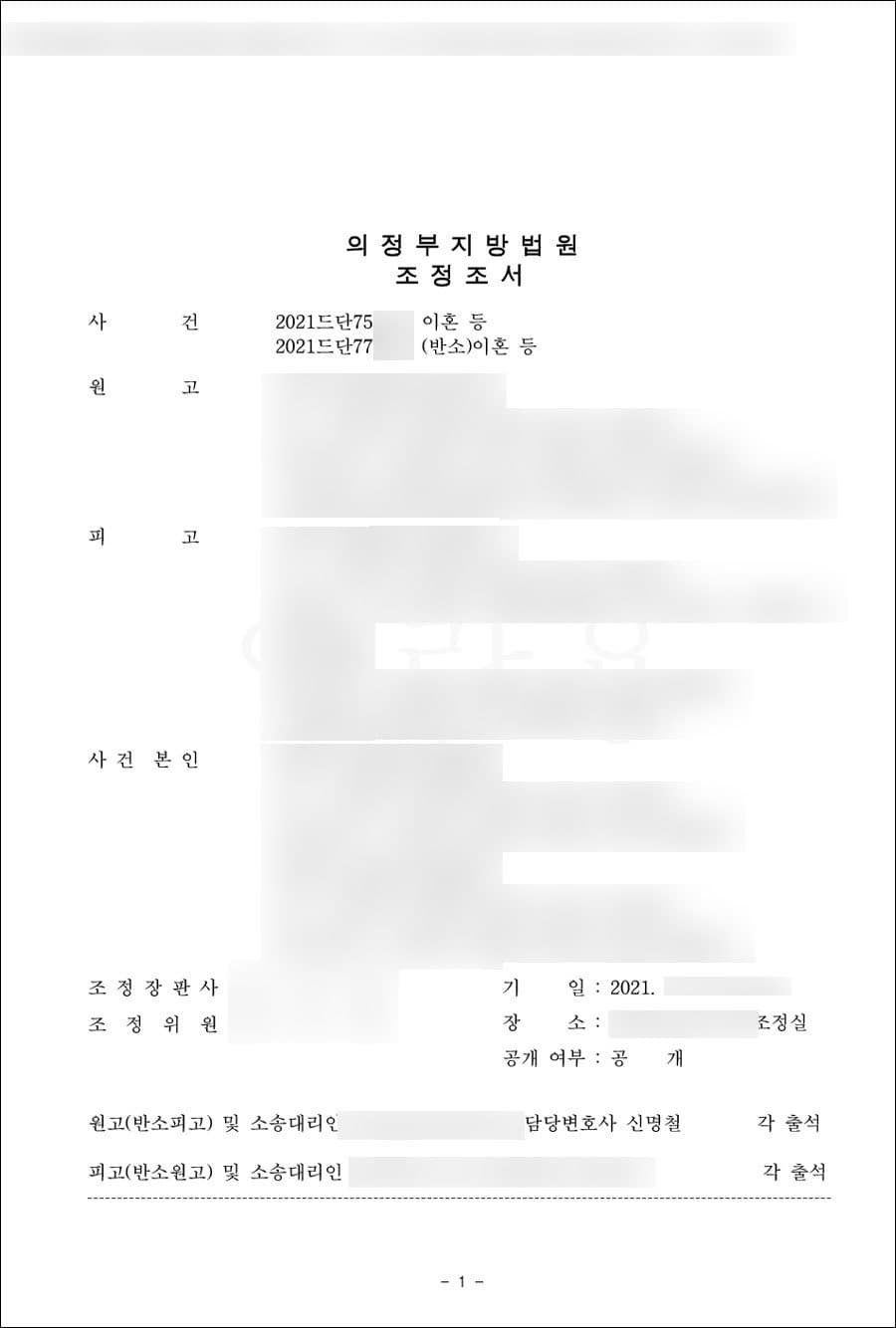 이혼 조정 성립 | 이혼, 재산분할, 양육권 및 친권, 양육비 - 의정부지방법원 2021드단75***