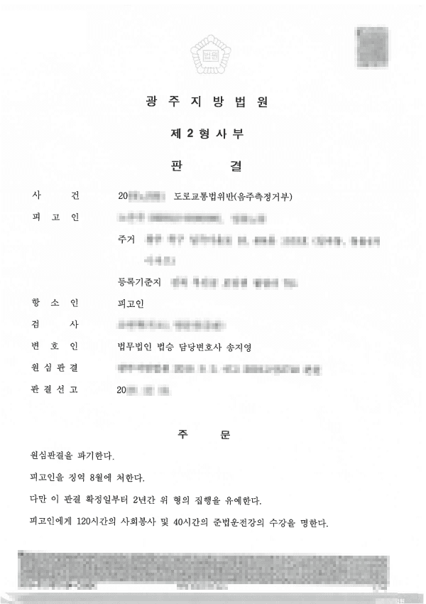 집행유예 ㅣ 음주측정거부 - 광주지방법원 20**노2***호
