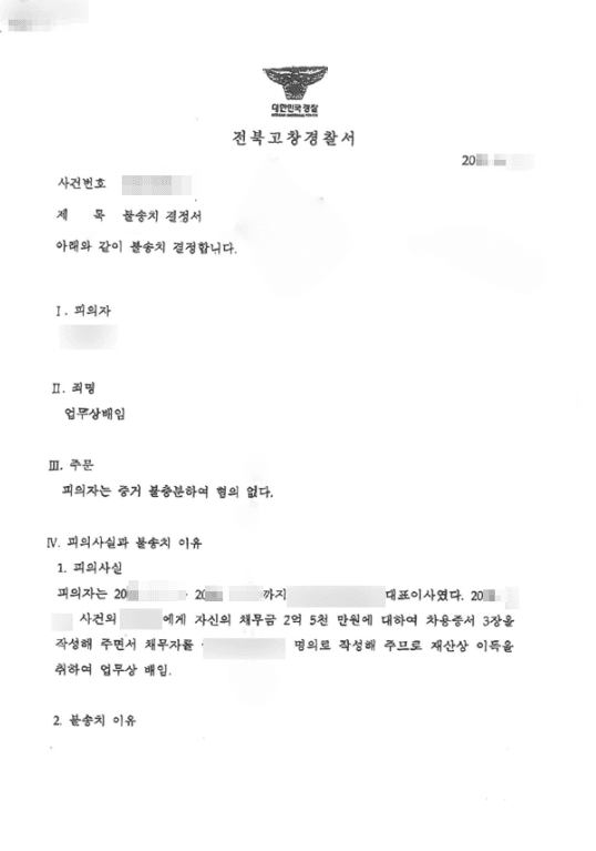 불송치 결정 | 업무상배임 - 전북고창경찰서 20**-**