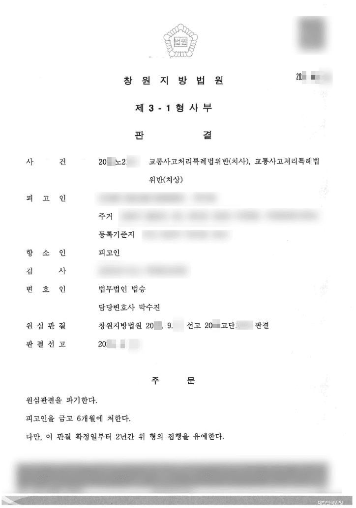 항소심 집행유예 | 교통사고처리특례법위반(치사) 등 - 창원지방법원 20**노2***