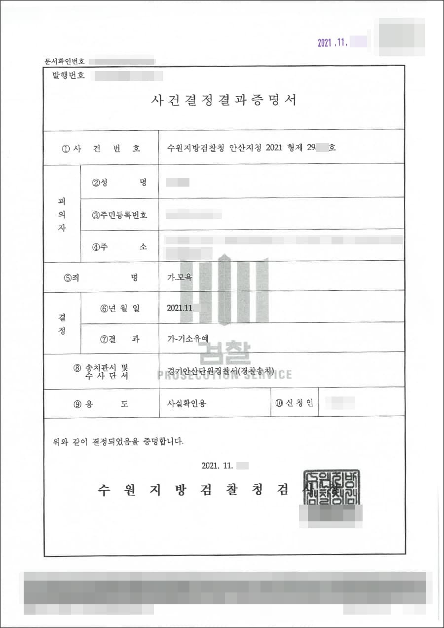 기소유예 | 모욕 - 수원지방검찰청 안산지청 2021형제29***