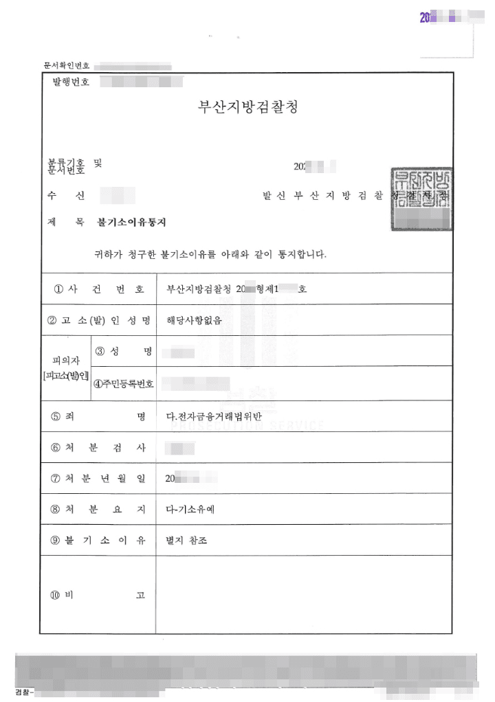 기소유예 | 전자금융거래법 위반 - 부산지방검찰청 20**형제17***