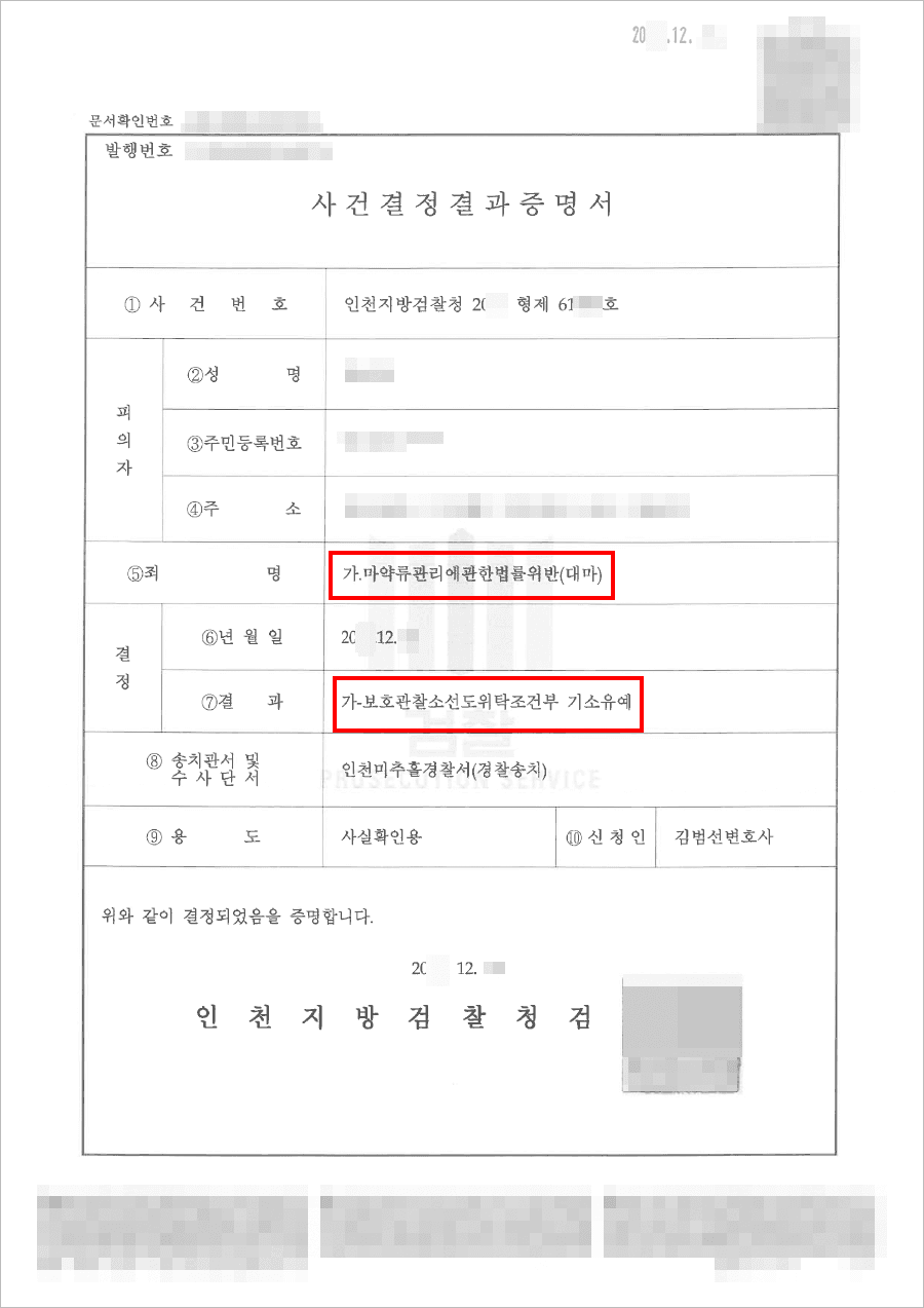 기소유예 | 마약류관리에관한법률위반(대마) - 인천지방검찰청 20**형제61****