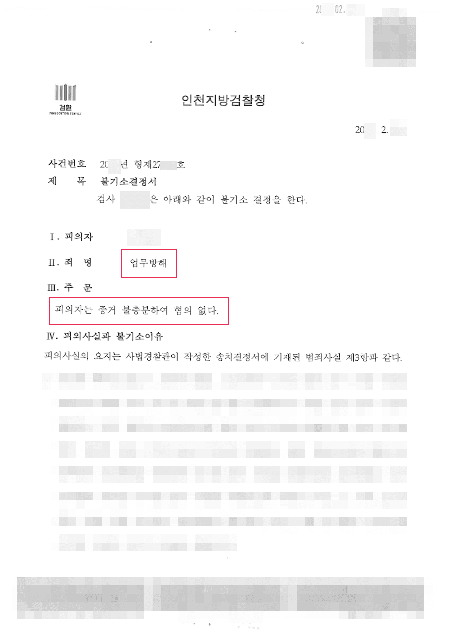 증거불충분(무혐의) | 업무방해 - 인천지방검찰청 20**형제27***