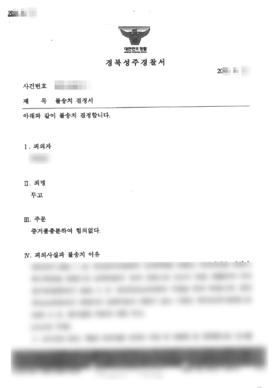불송치 결정[증거불충분(혐의없음)] | 무고 - 경북성주경찰서 접수번호 20**-***