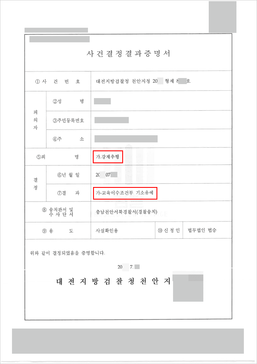 기소유예 | 강제추행 - 대전지방검찰청 천안지청 20**형제8***