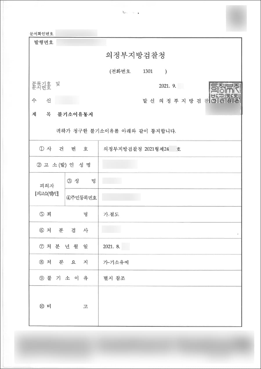 기소유예 | 절도 - 의정부지방검찰청 2021형제****호