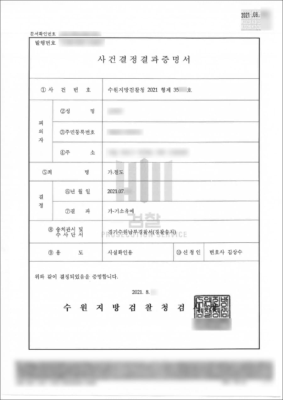 기소유예 | 절도 - 수원지방검찰청 20**형제35***