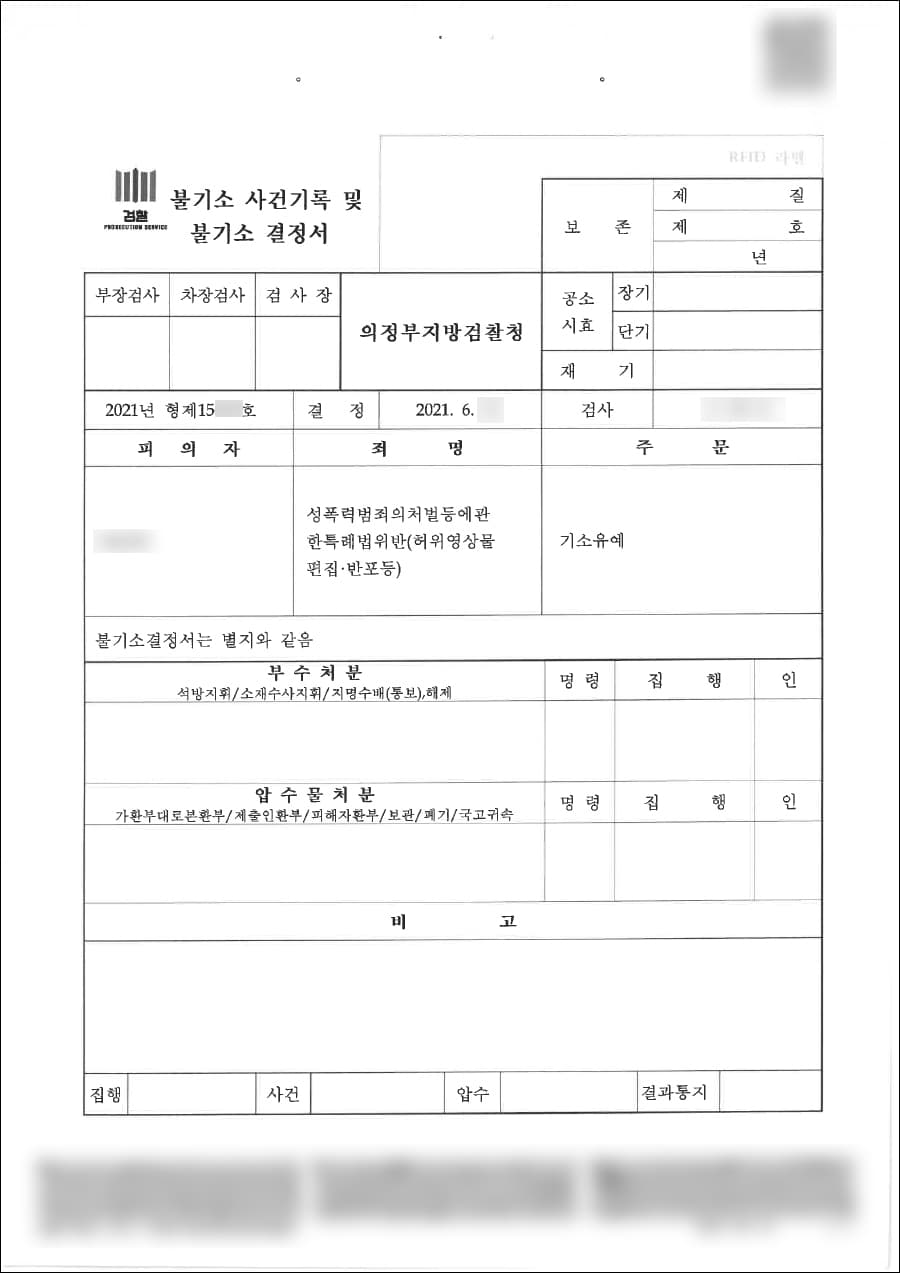 기소유예 | 성폭력범죄의처벌등에관한특례법위반(허위영상물편집·반포등) - 의정부지방검찰청 2021형제****호