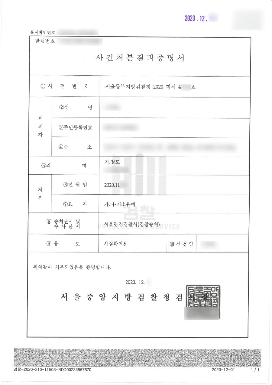 기소유예 | 절도, 주거침입 - 서울동부지방검찰청 2020형제41***호