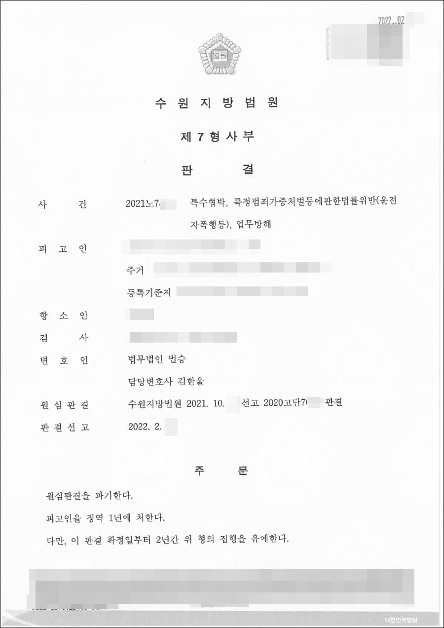 집행유예 | 특정범죄가중처벌등에관한법률위반(운전자폭행등) - 수원지방법원 20**노7***