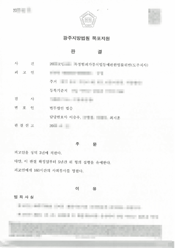 집행유예 | 특정범죄가중처벌에관한특례법(도주치사)위반 - 광주지방법원 목포지원 20**고단***