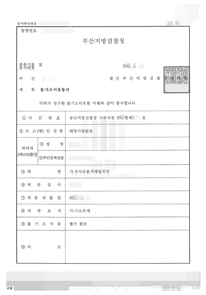 기소유예 | 전자금융거래법 위반 - 부산지방검찰청 서부지청 20**형제19***호