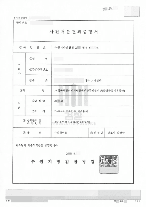 기소유예 | 성폭법(촬영물등을이용한협박·강요)위반 - 수원지방검찰청 20**형제55***