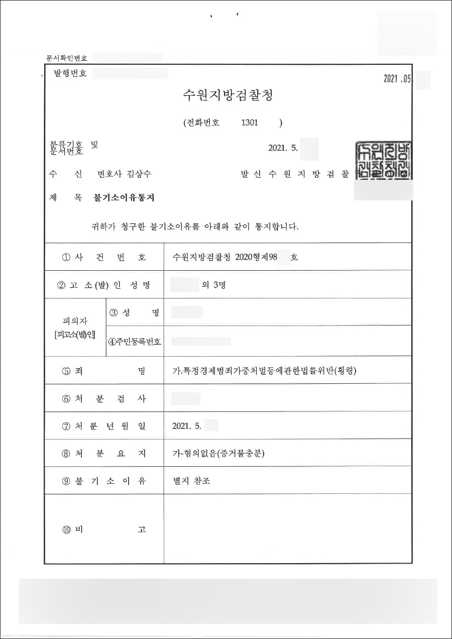 무혐의(불기소) | 특정경제범죄가중처벌등에관한법률위반(횡령) - 수원지방검찰청 20**형제98***