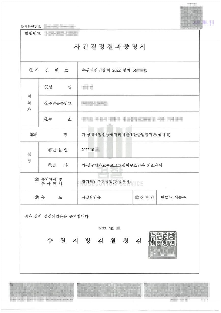기소유예 | 성매매처벌법위반 - 수원지방검찰청 20**형제57***