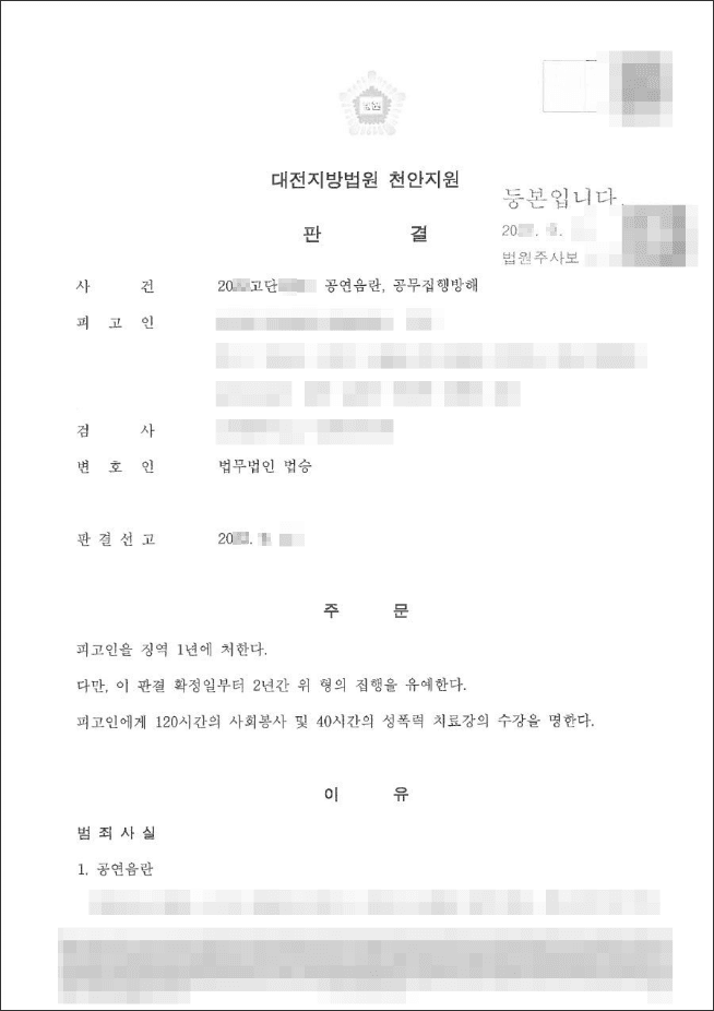 집행유예 | 공연음란 등 - 천안지원 20**고단****