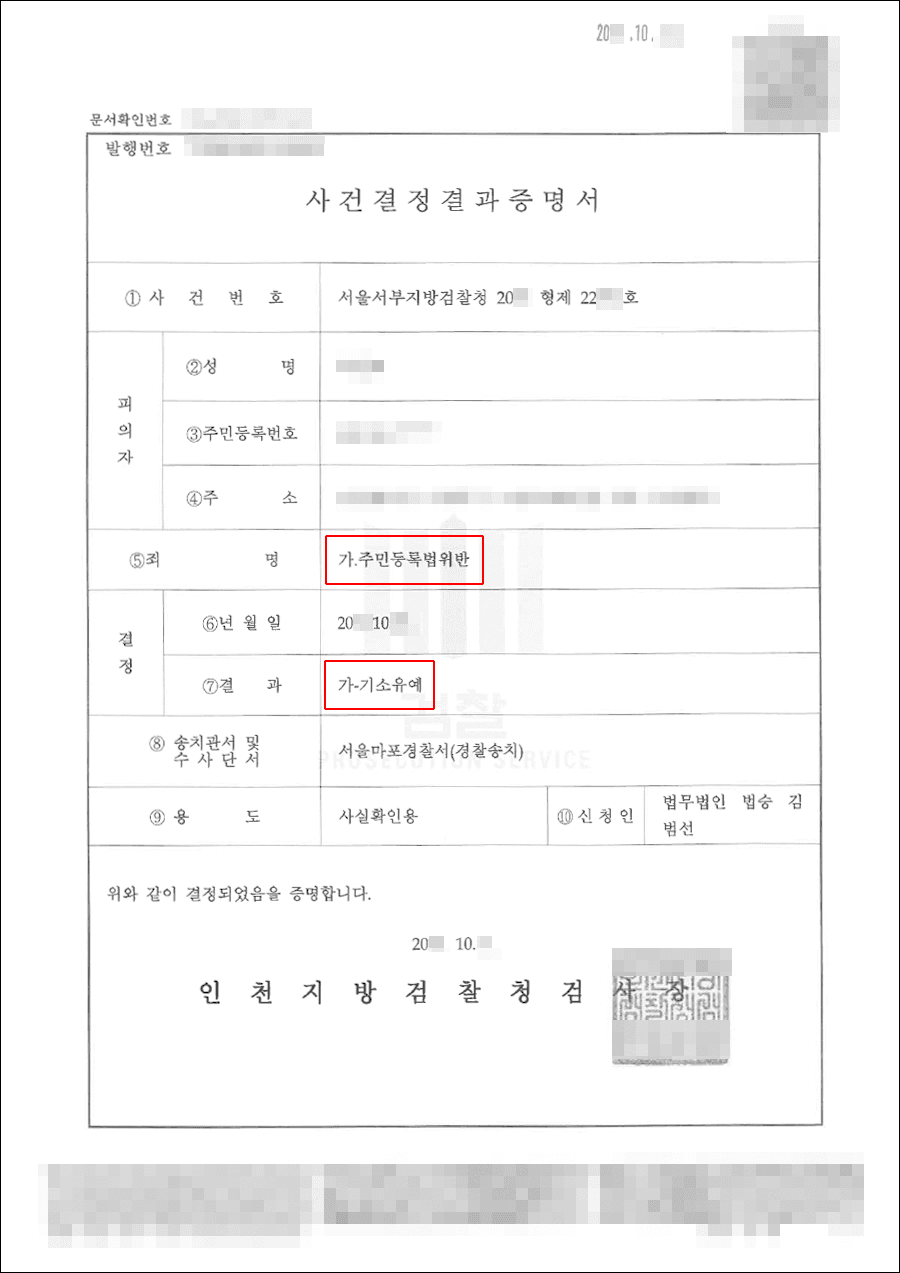 기소유예 | 주민등록법위반 - 서울서부지방검찰청 20**형제22***호