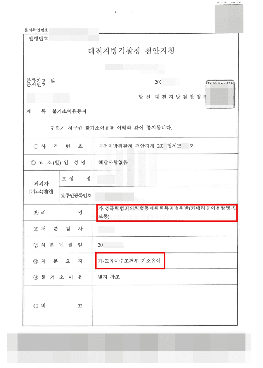 기소유예 | 성폭력처벌법위반(카메라등을이용한 촬영) - 대전지방검찰청 천안지청 20**형제***