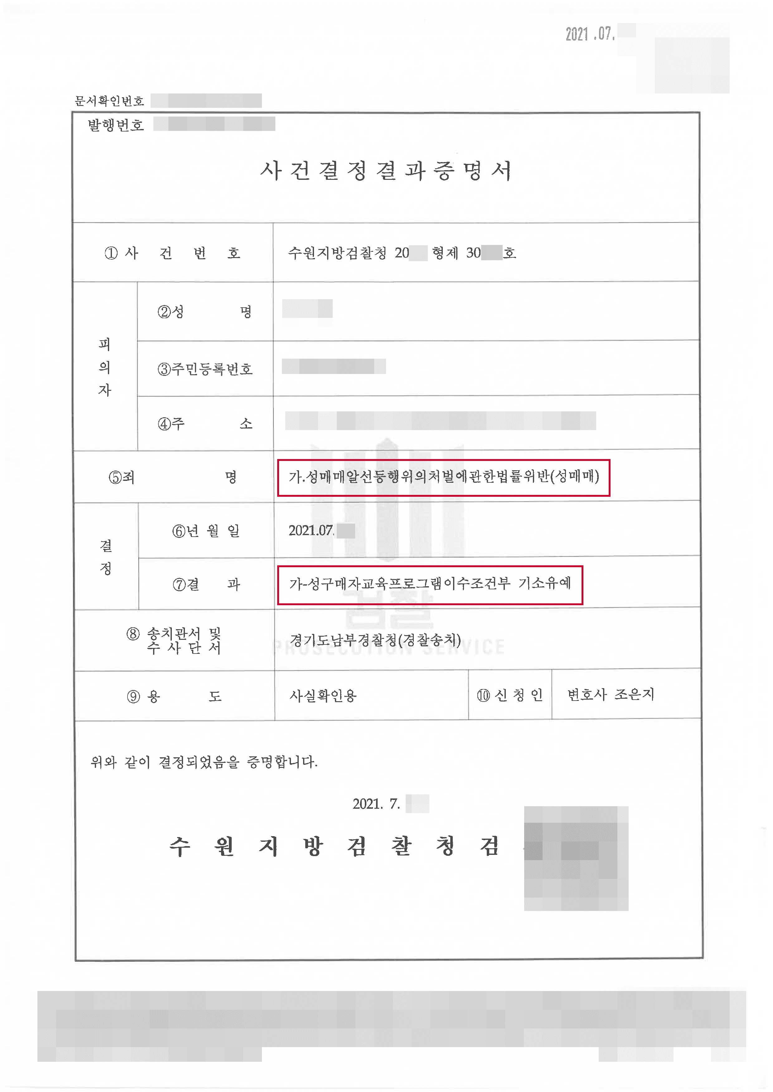 성매매 조직을 통해 성매수한 혐의받은 의뢰인 기소유예 사례