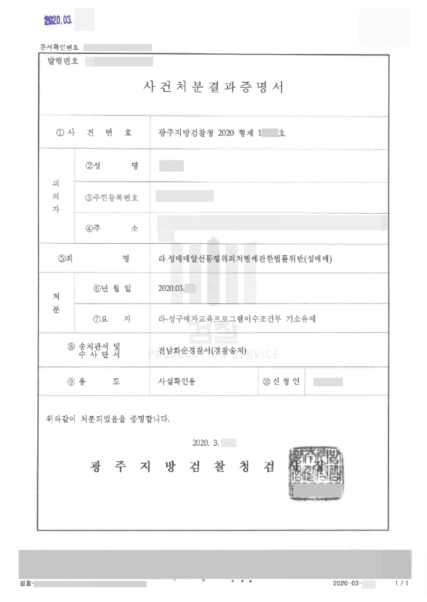 기소유예 | 성매매알선등행위의처벌에관한법률위반(성매매) - 광주지방검찰청 20**형제1****호
