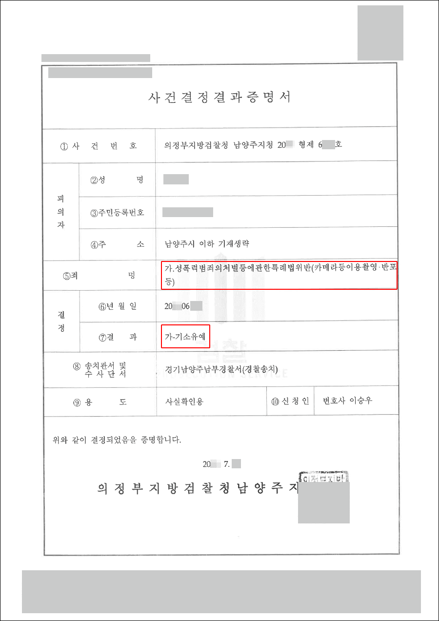 남양주형사전문변호사, 기소유예 | 성폭력처벌법 위반(카메라등이용촬영·반포 등)- 의정부지방검찰청 남양주지청 20**형제6***호