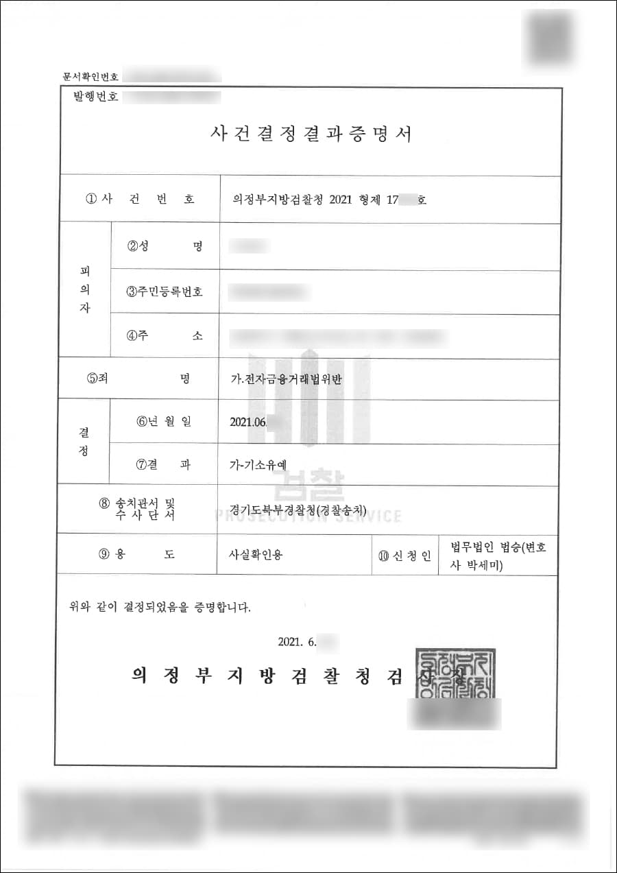 기소유예 | 전자금융거래법위반 – 의정부지방검찰청 2021형제***호