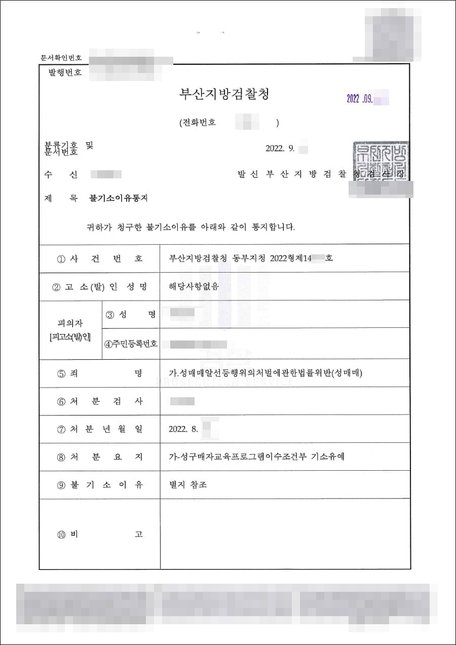 조건부 기소유예 | 성매매알선등행위의처벌에관한법률위반(성매매) - 부산지방검찰청 동부지청 20**형제14***호