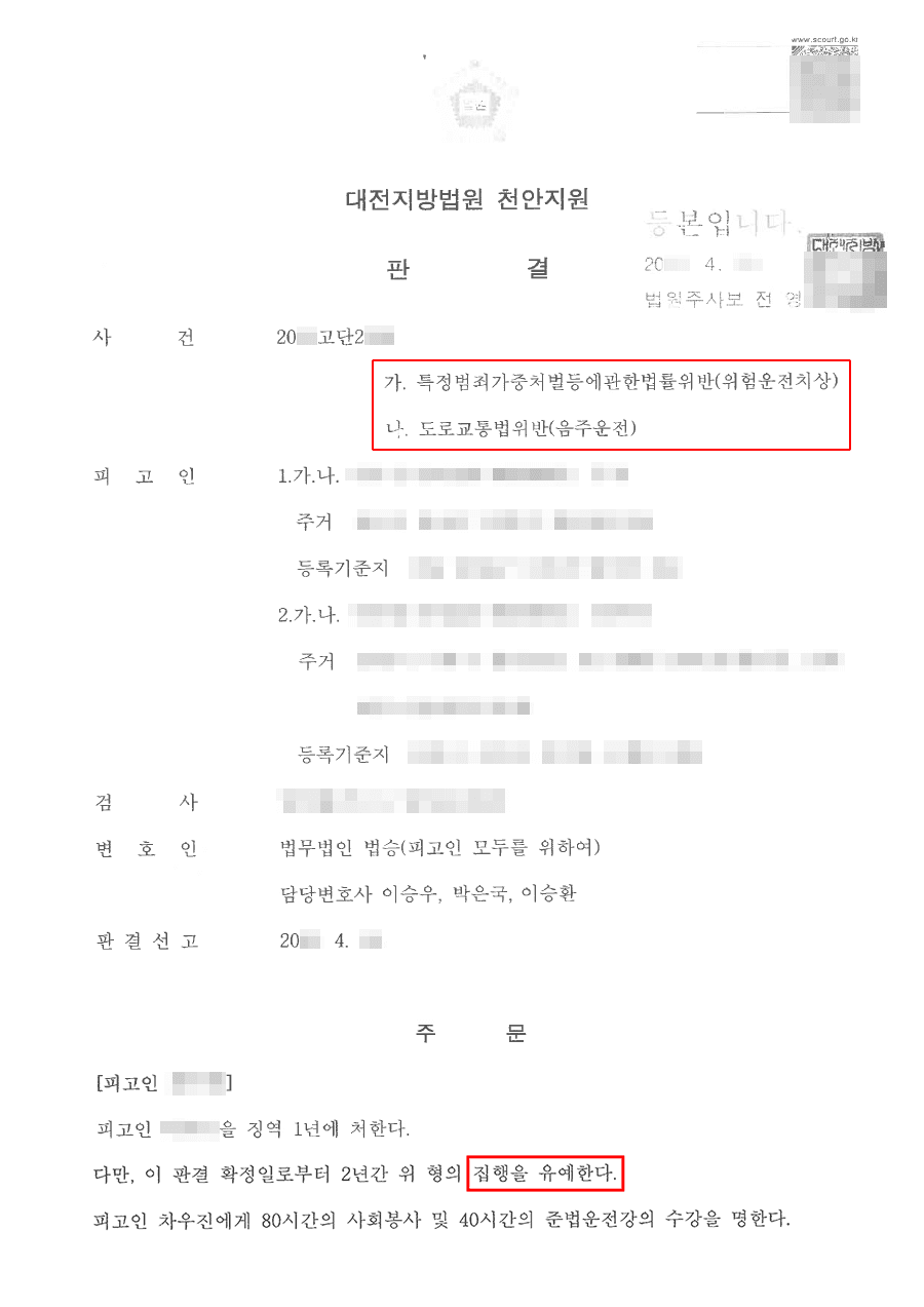 집행유예 | 특정범죄가중처벌등에관한법률위반(위험운전치상) 등 - 대전지방법원 천안지원 20**고단2***