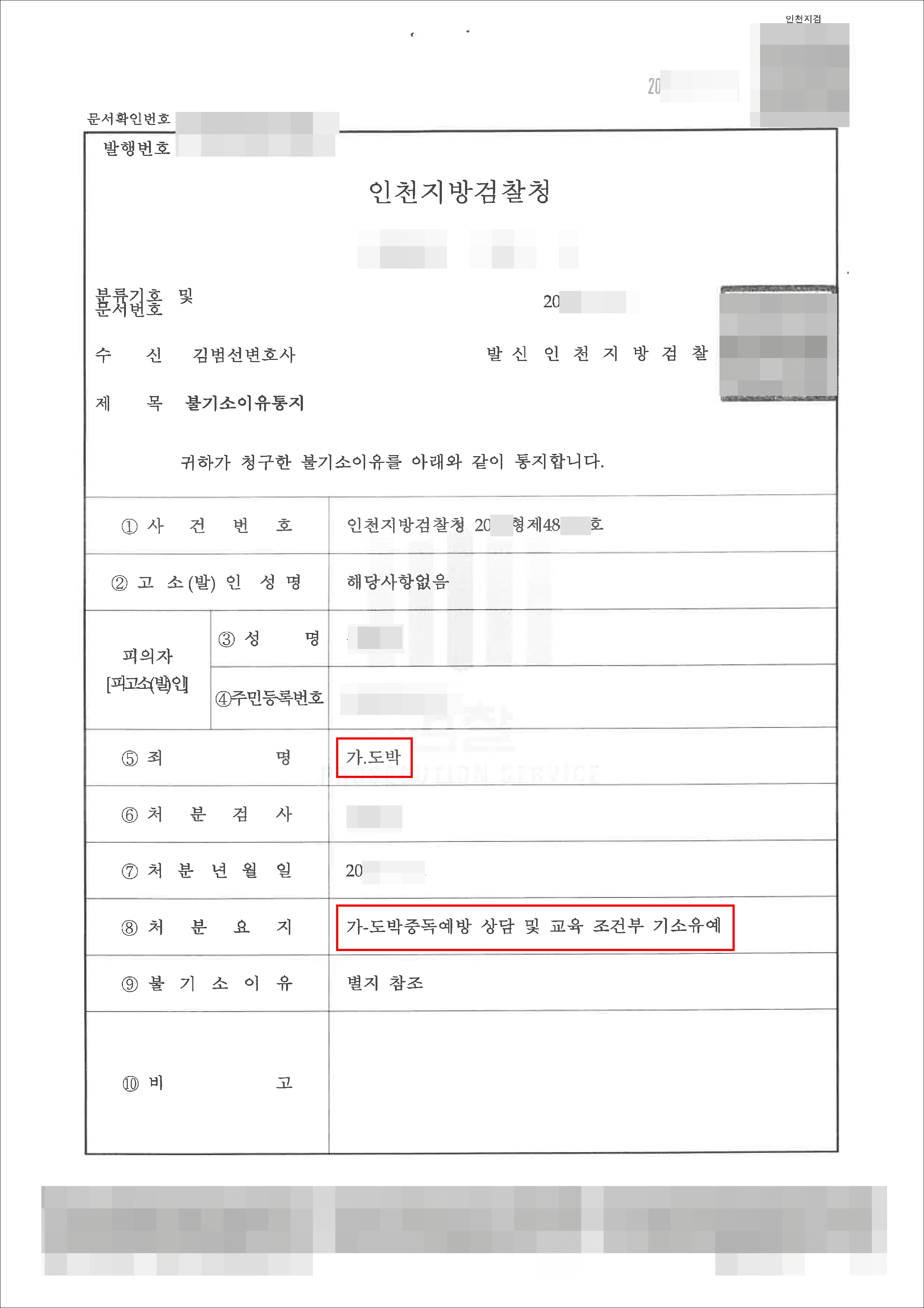 조건부 기소유예 | 도박 – 인천지방검찰청 20**형제48***호