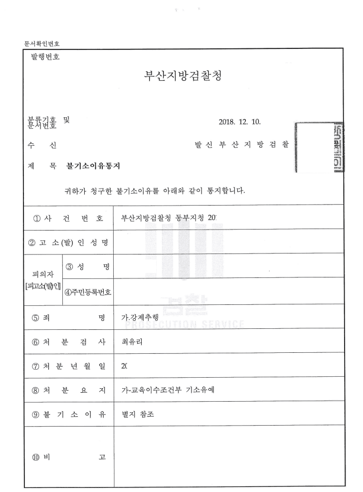 기소유예 ㅣ 강제추행 - 부산지방검찰청 20**형제***호
