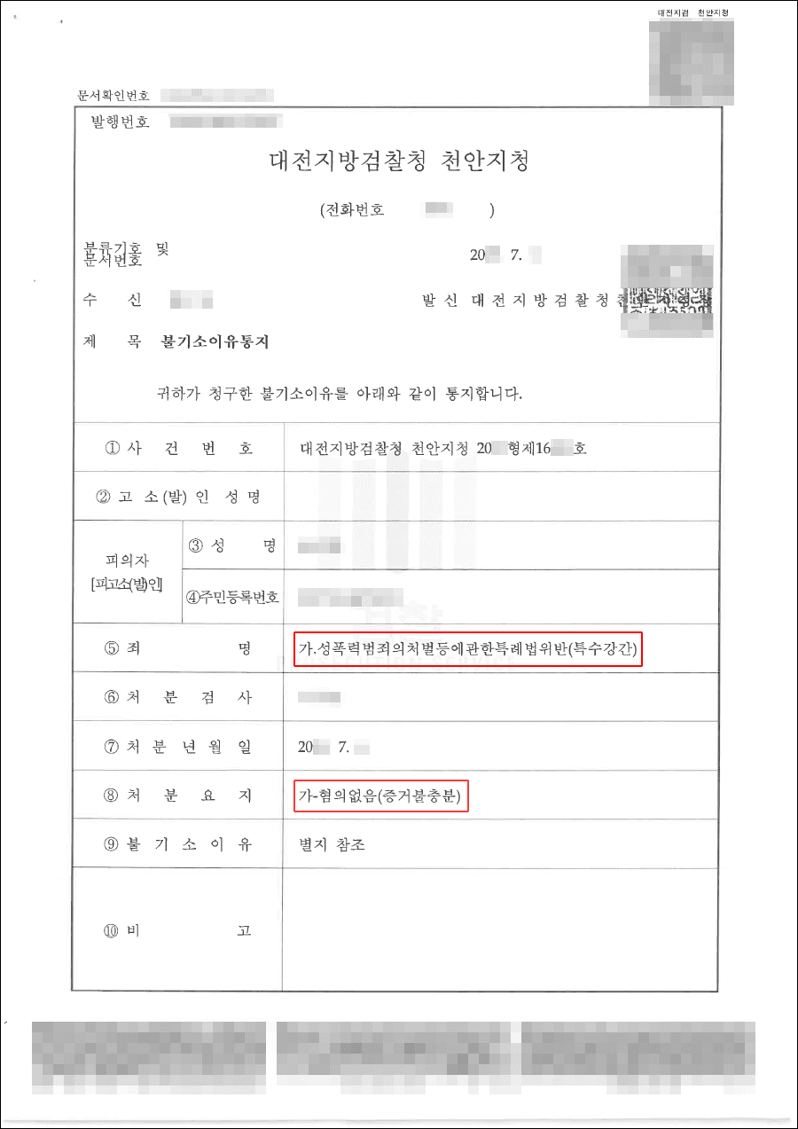 무혐의(증거불충분) | 특수강간 - 대전지검 천안지청  20**형제16***