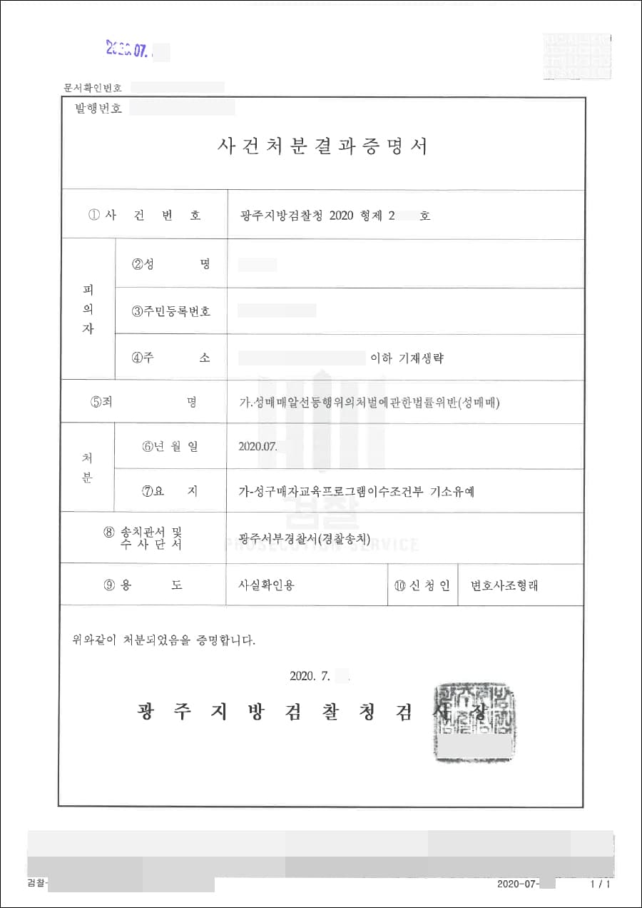 기소유예 | 성매매알선등행위의처벌에관한법률위반(성매매) - 광주지방검찰청 2020형제23***호