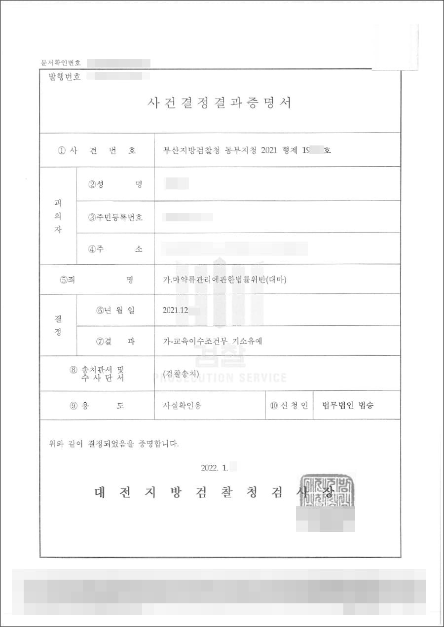 교육이수조건부 기소유예 | 마약류관리에관한법률위반 - 부산지방검찰청 2021형제19***호