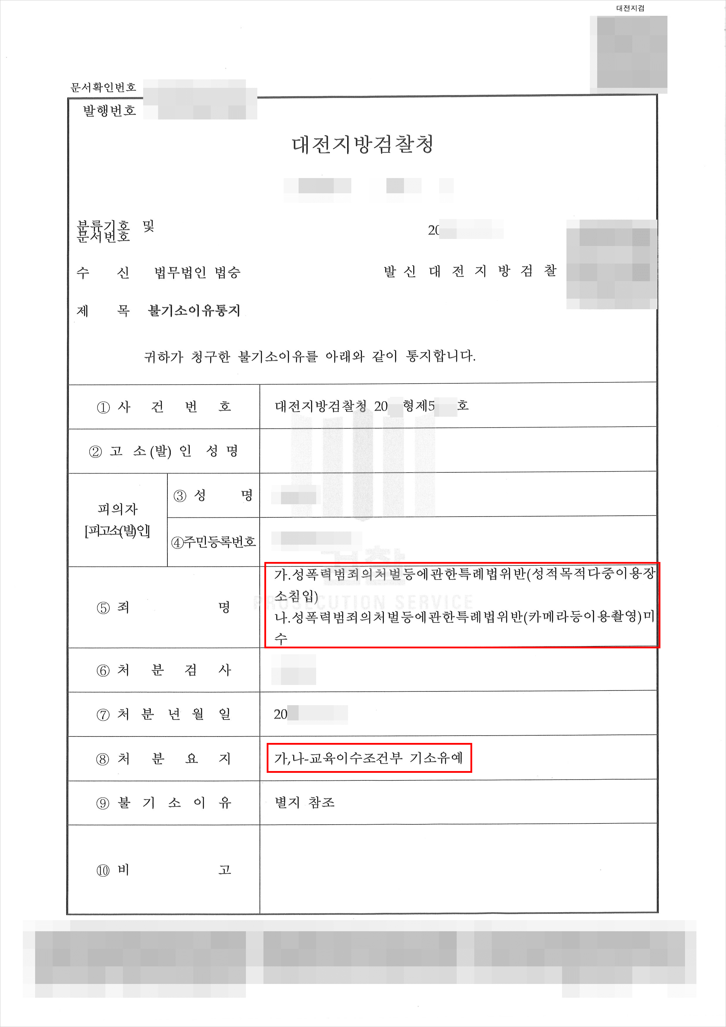 기소유예 | 성폭법위반(성적목적다중이용장소침입,카메라등이용촬영)미수 - 대전지방검찰청 20**형제5***