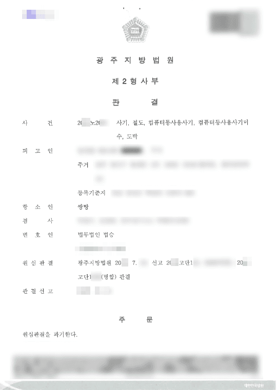 집행유예 | 사기, 절도, 컴퓨터등사용사기, 컴퓨터등사용사기미수, 도박 - 광주지방법원 20**노2***