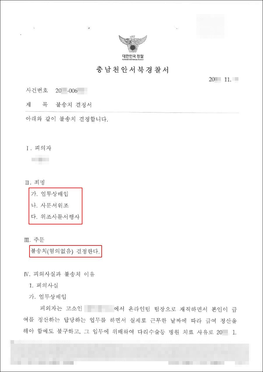 불송치(혐의없음) | 업무상배임, 사문서위조, 위조사문서행사 - 20**-006***