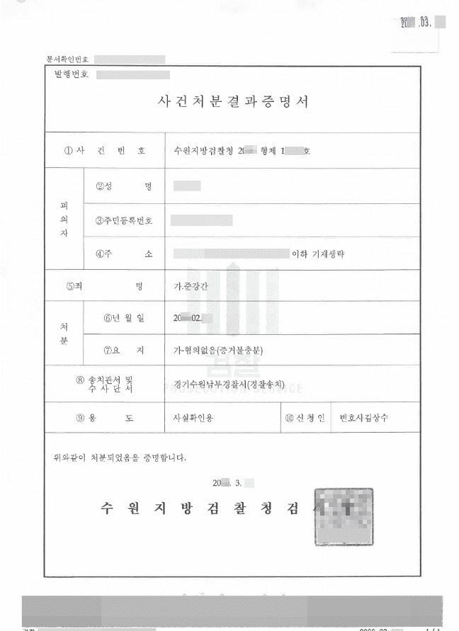 혐의없음 | 준강간 - 수원지방검찰청 2020형제1****
