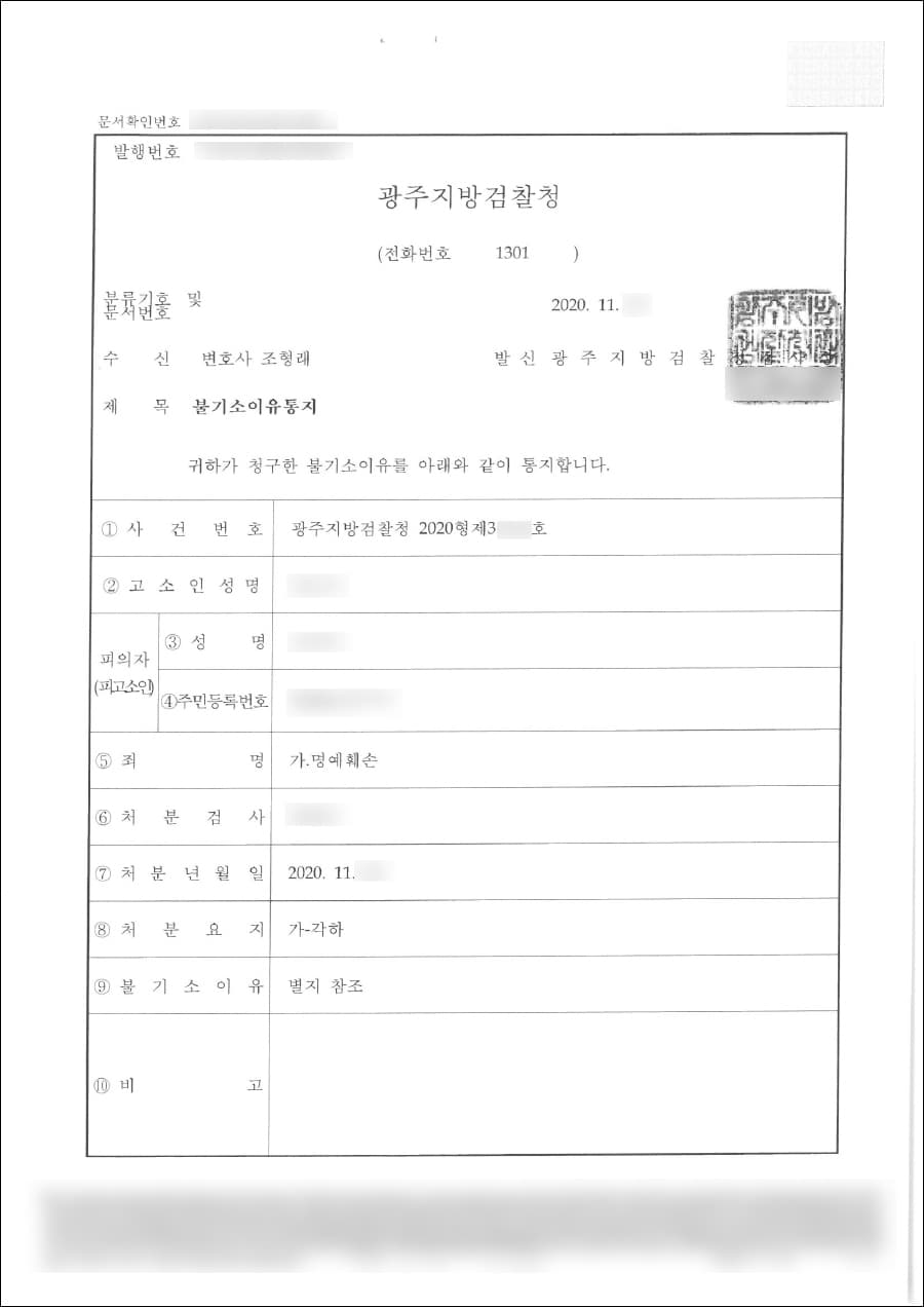 각하 | 명예훼손 - 광주지방검찰청 2020형제31***