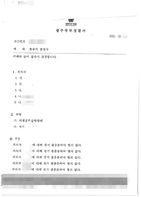 불송치(무혐의) | 사기 - 광주북부경찰서 20**-12***