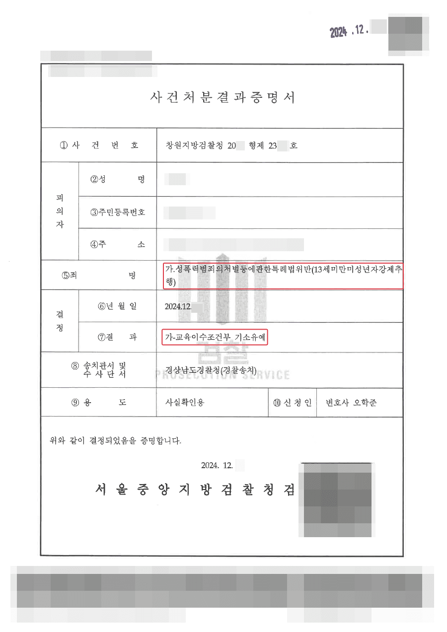 기소유예ㅣ미성년자 강제추행으로 수사중인 피고인을 적합한 판단과 조력으로 기소유예받은 사례