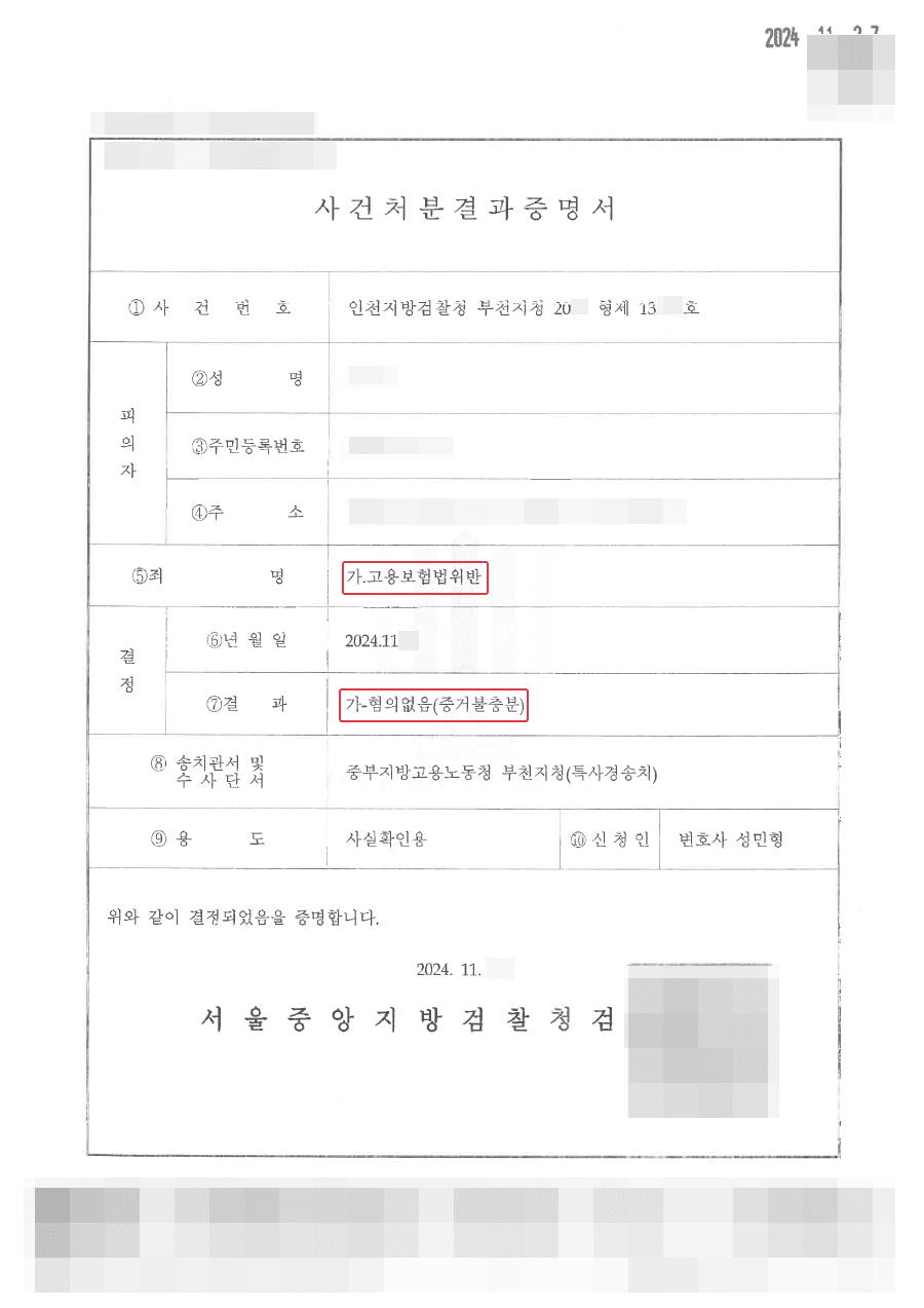 기소유예, 무혐의ㅣ소속직원의 부정수급건에 대한 형식적, 실질적 대표자들의 각 혐의없음, 기소유예 처분