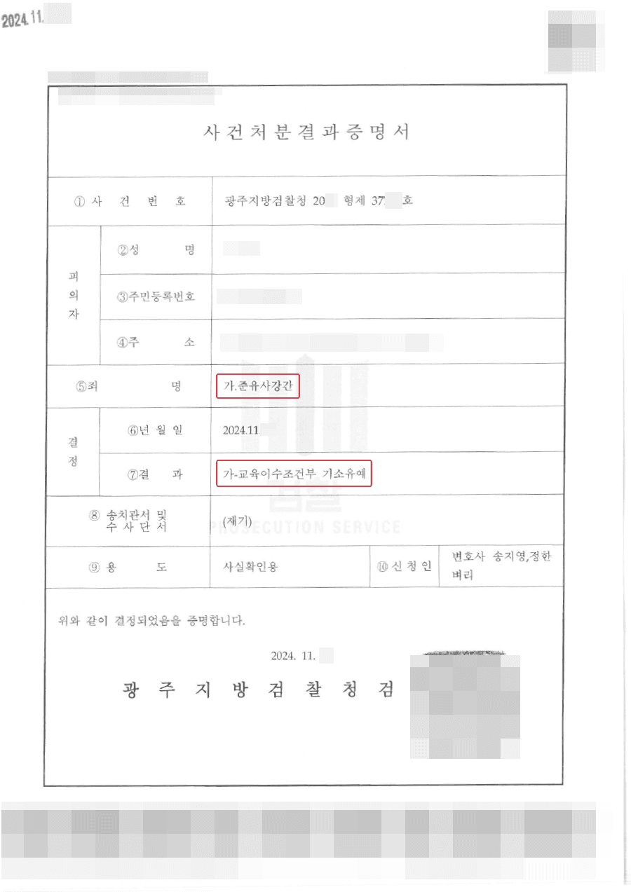 기소유예ㅣ준유사강간 혐의로 입건된 의뢰인 기소유예 받아낸 사례