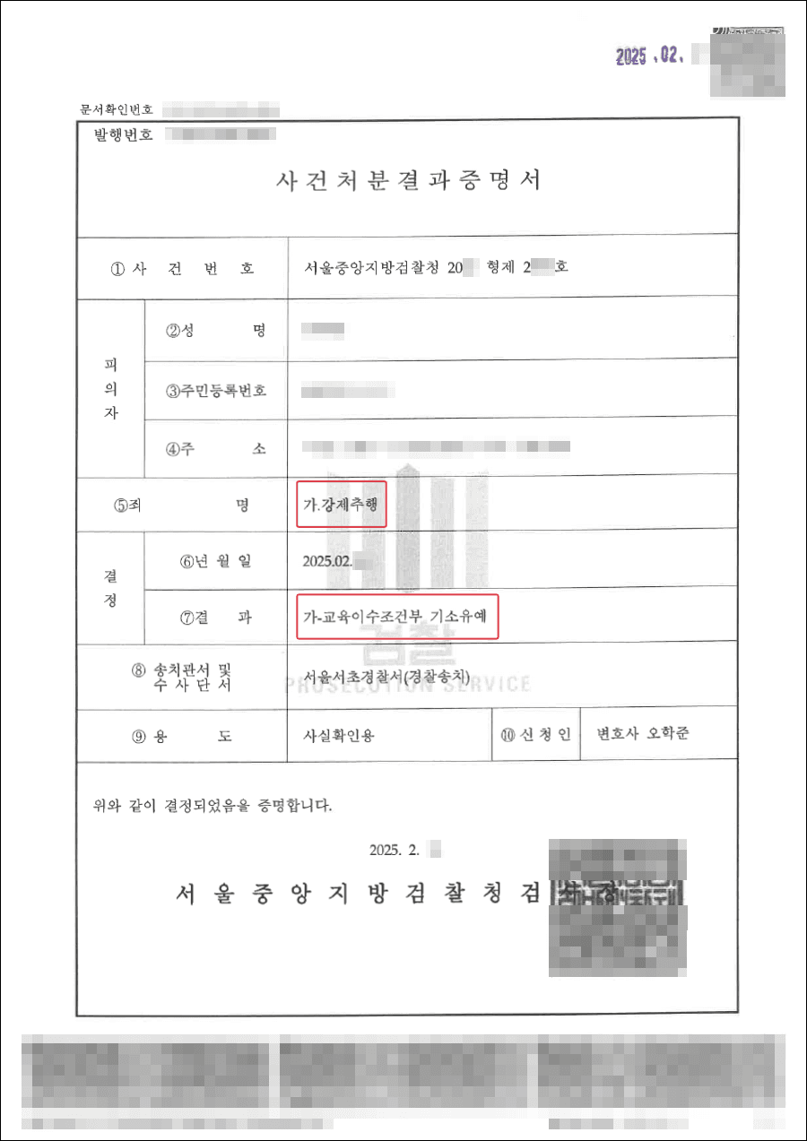 기소유예ㅣ수년 전 직장동료 사이에 발생한 강제추행 혐의에 대하여 의뢰인의 상황에 맞는 적확한 조력으로 기소유예 처분을 받은 사례