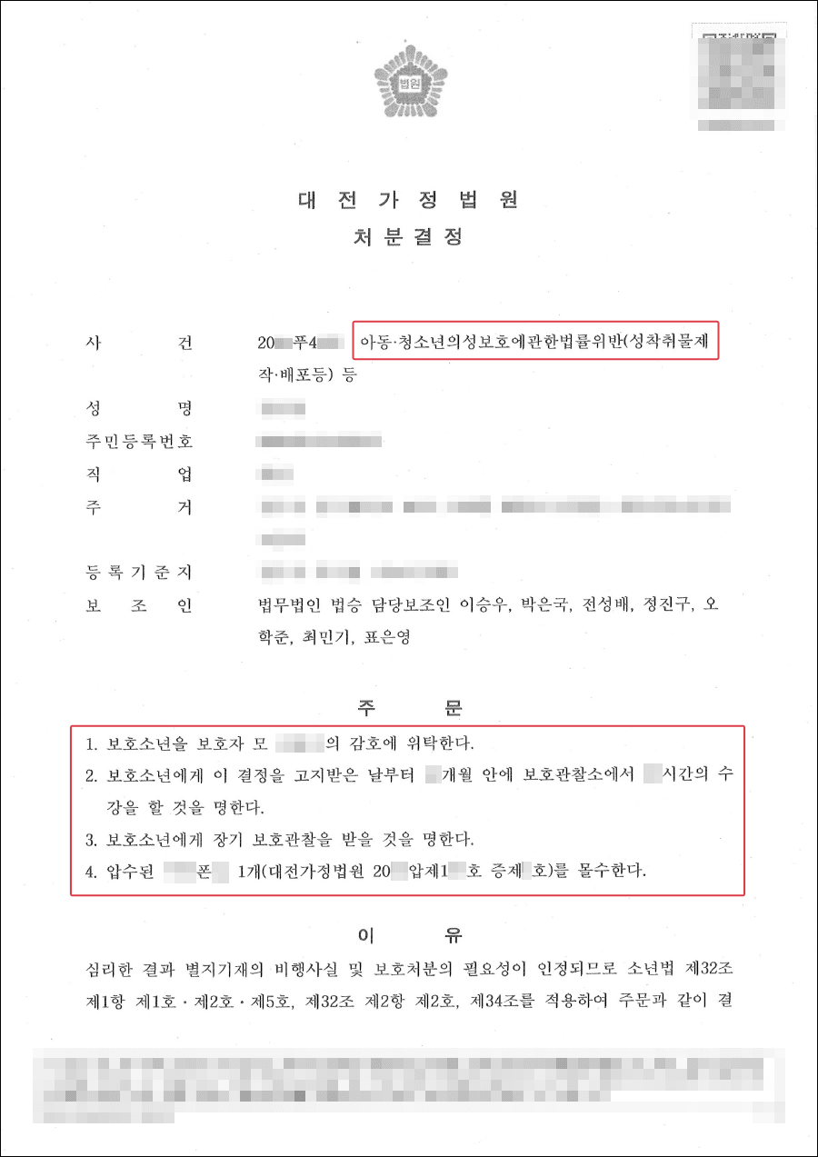 1,2,5호 처분ㅣ온라인 채팅으로 여성인 척 성착취물 제작하였으나 보호처분받아낸 사례