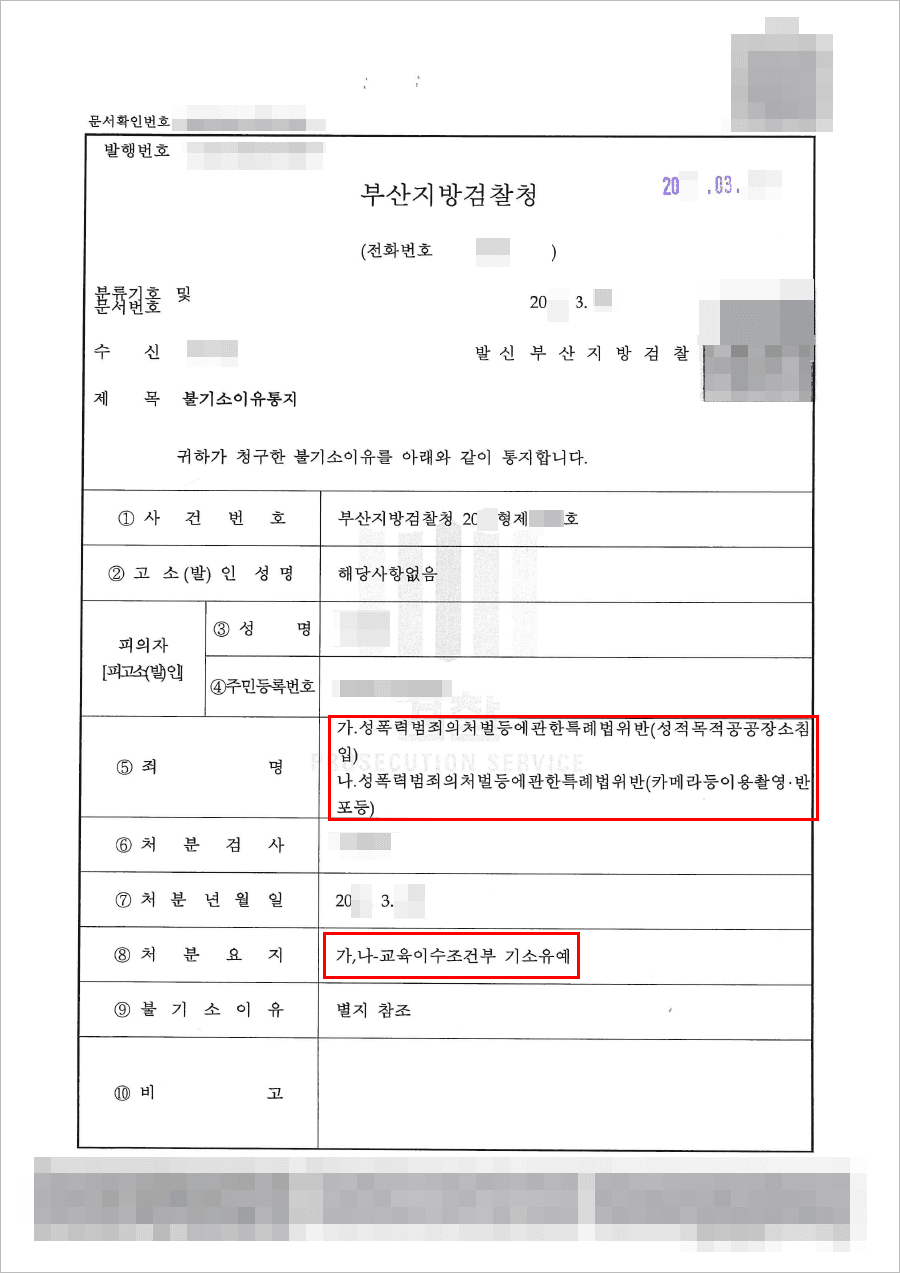 교육이수조건부 기소유예 | 성폭법 위반(성적목적공공장소침입, 카메라등이용촬영·반포등) - 부산지방검찰청 20**형제7***